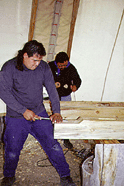 Working inside tipi, Pine Ridge workshop, Fall 2000